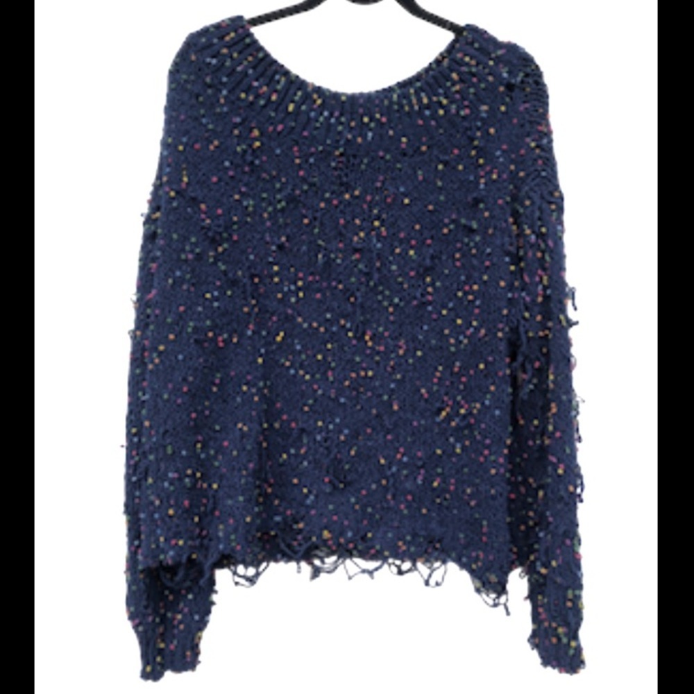 Aakaa rainbow confetti distressed navy chenille sweater L